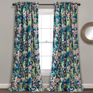 Half Moon blue botanical print drapes 2 panels
